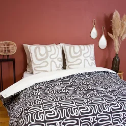 Parure de lit 260x240 cm pur coton collection SIDNIE blanc motif abstrait 3 pièces