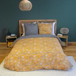 Parure de lit 260x240 cm pur coton ASCHWINI motif floral jaune 3 pièces