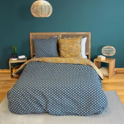 Parure de lit 260x240 cm pur coton ASCHWINI motif floral jaune 3 pièces