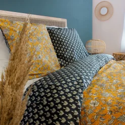 Parure de lit 260x240 cm pur coton ASCHWINI motif floral jaune 3 pièces