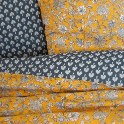 Parure de lit 260x240 cm pur coton ASCHWINI motif floral jaune 3 pièces