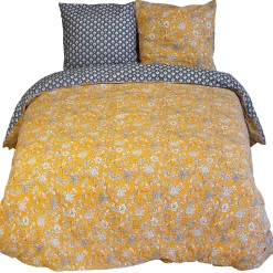 Parure de lit 240x220 cm pur coton ASCHWINI motif floral jaune 3 pièces