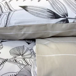 Parure de lit 260x240 cm pur coton ALIX motif végétation blanc et noir 3 pièces