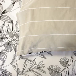 Parure de lit 260x240 cm pur coton ALIX motif végétation blanc et noir 3 pièces