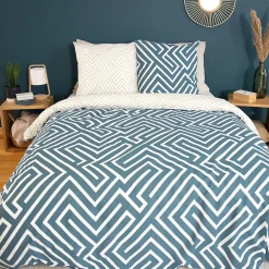 Parure de lit 240x220 cm pur coton PHOSY motif géométrique bleu 3 pièces