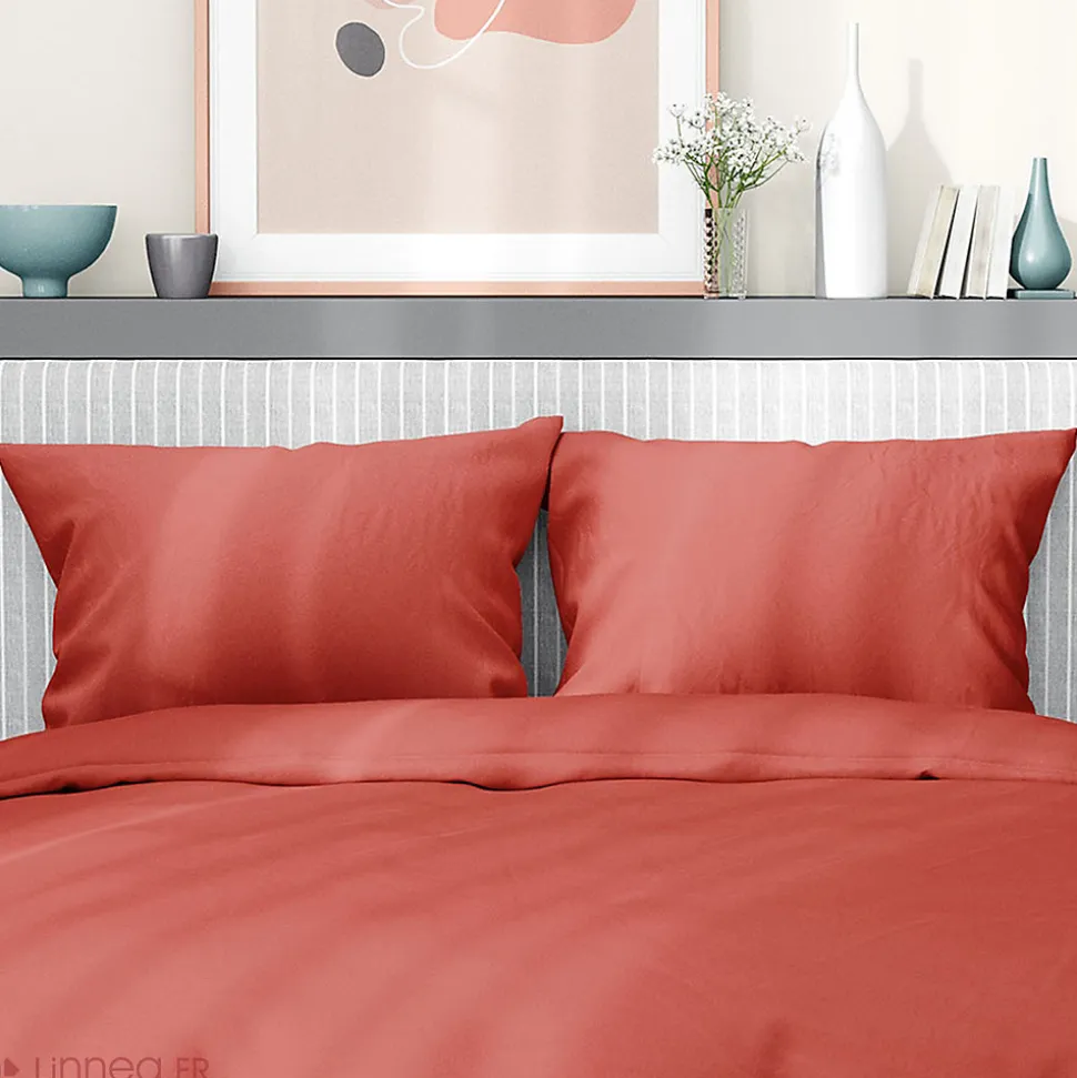 Parure de lit 260x240 cm satin de coton SAPRI rouge sienne 3 pièces