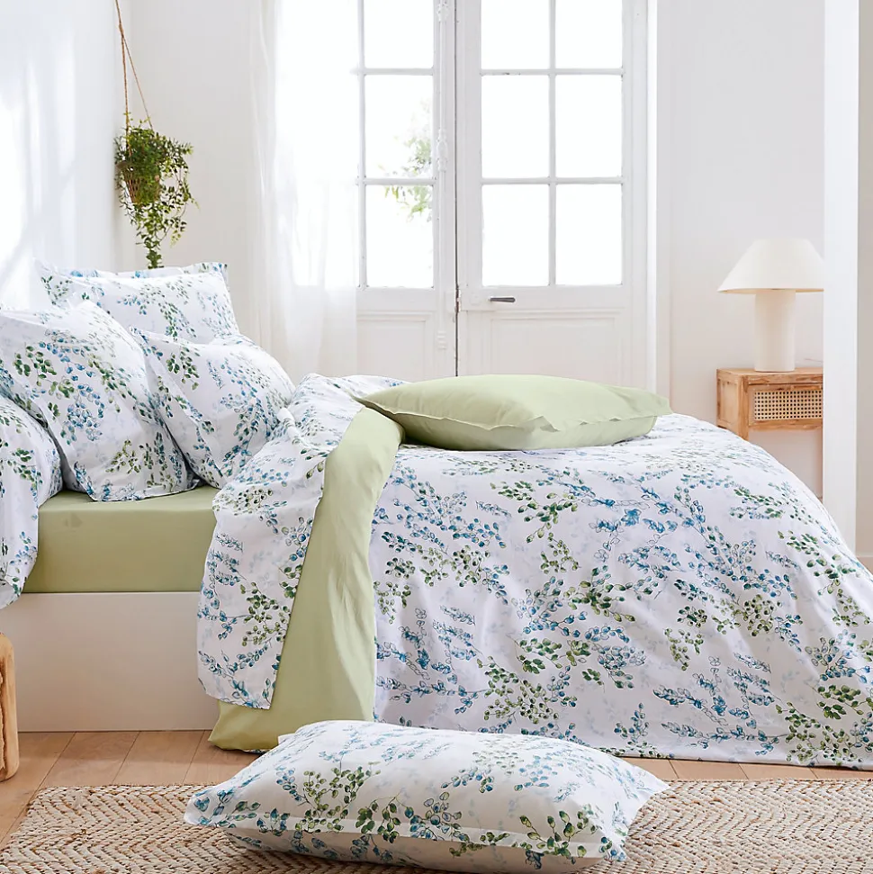 Parure de lit 300x240 cm satin de coton ANGÈLE vert tilleul 3 pièces taies 50x70 cm