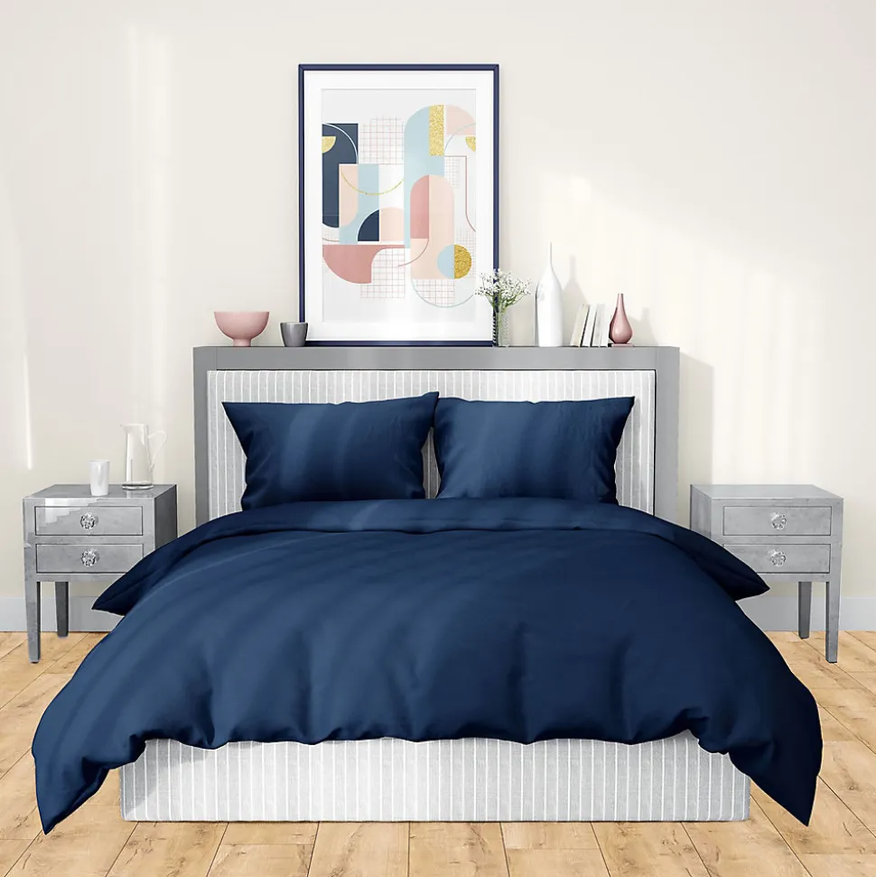 Parure de lit 240x220 cm satin de coton SAPRI bleu indigo 3 pièces