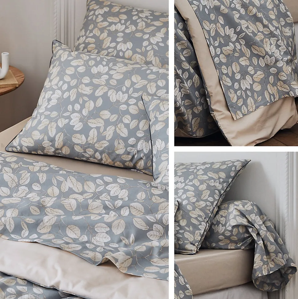 Parure de lit 140x200 cm taie 65x65 cm percale de coton LISON Gris 2 pièces