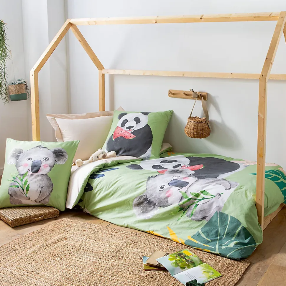Parure de lit 200x200 cm 65x65 cm percale de coton PANDA vert 3 pièces