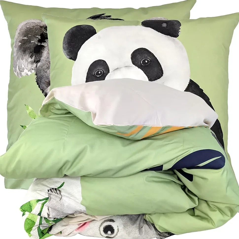 Parure de lit 200x200 cm 65x65 cm percale de coton PANDA vert 3 pièces