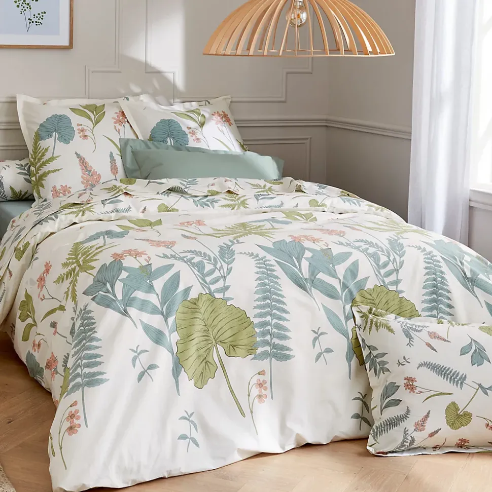 Parure de lit 140x200 cm 65x65 cm percale de coton FÉERIE Blanc sauge