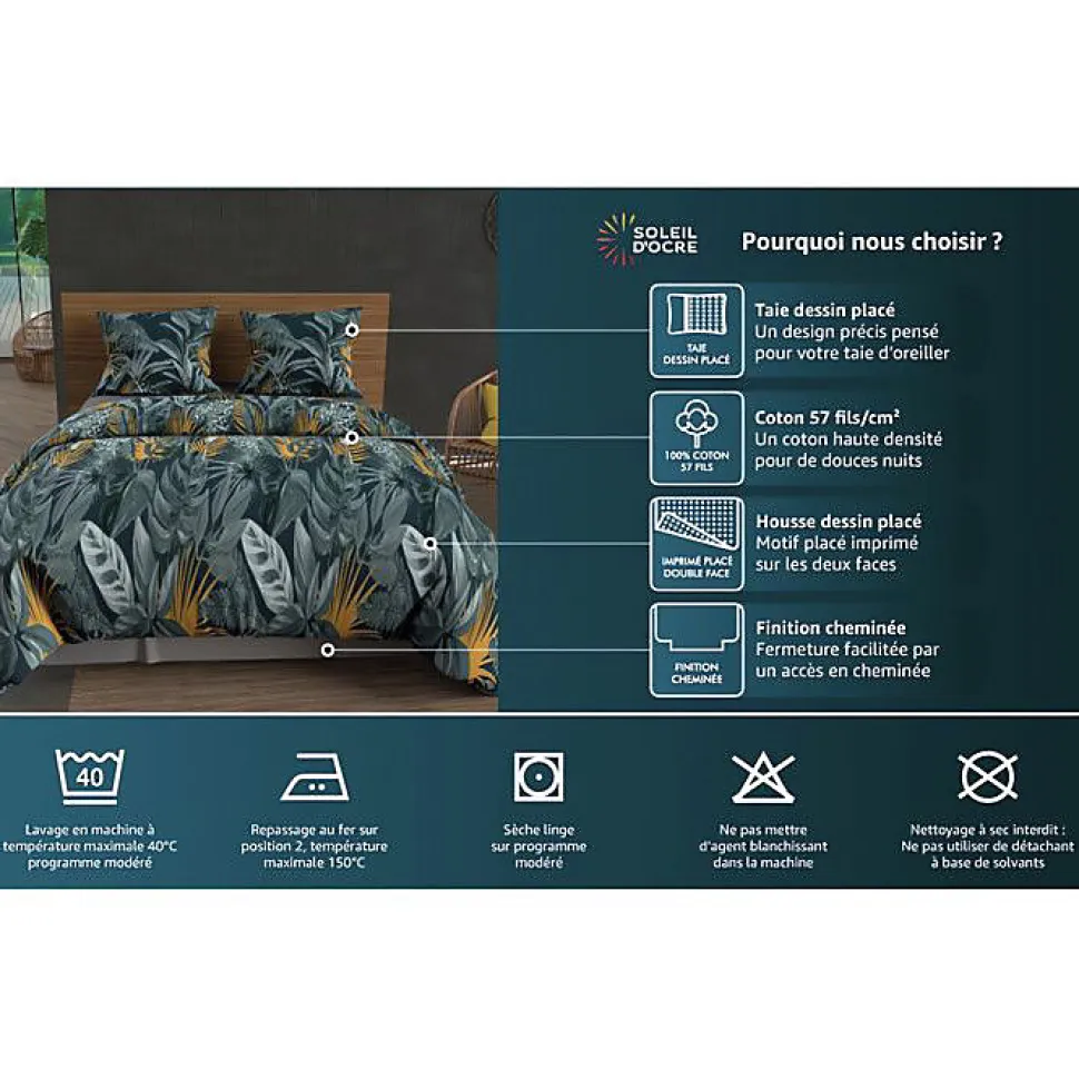 Parure housse de couette en coton 57 fils 240x220 cm MANON vert, par Soleil d'ocre
