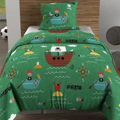 Parure housse de couette 140x200 cm PIRATES vert, 100% coton 57 fils/cm2, par Soleil d'Ocre