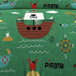 Parure housse de couette 140x200 cm PIRATES vert, 100% coton 57 fils/cm2, par Soleil d'Ocre
