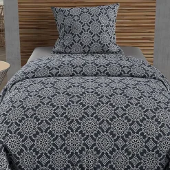 Parure housse de couette coton 57 fils 140x200 cm ESMERALDA marine, par Soleil d'ocre