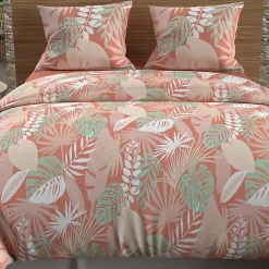 Parure housse de couette en coton 57 fils 260x240 cm TANZANIE corail, par Soleil d'ocre