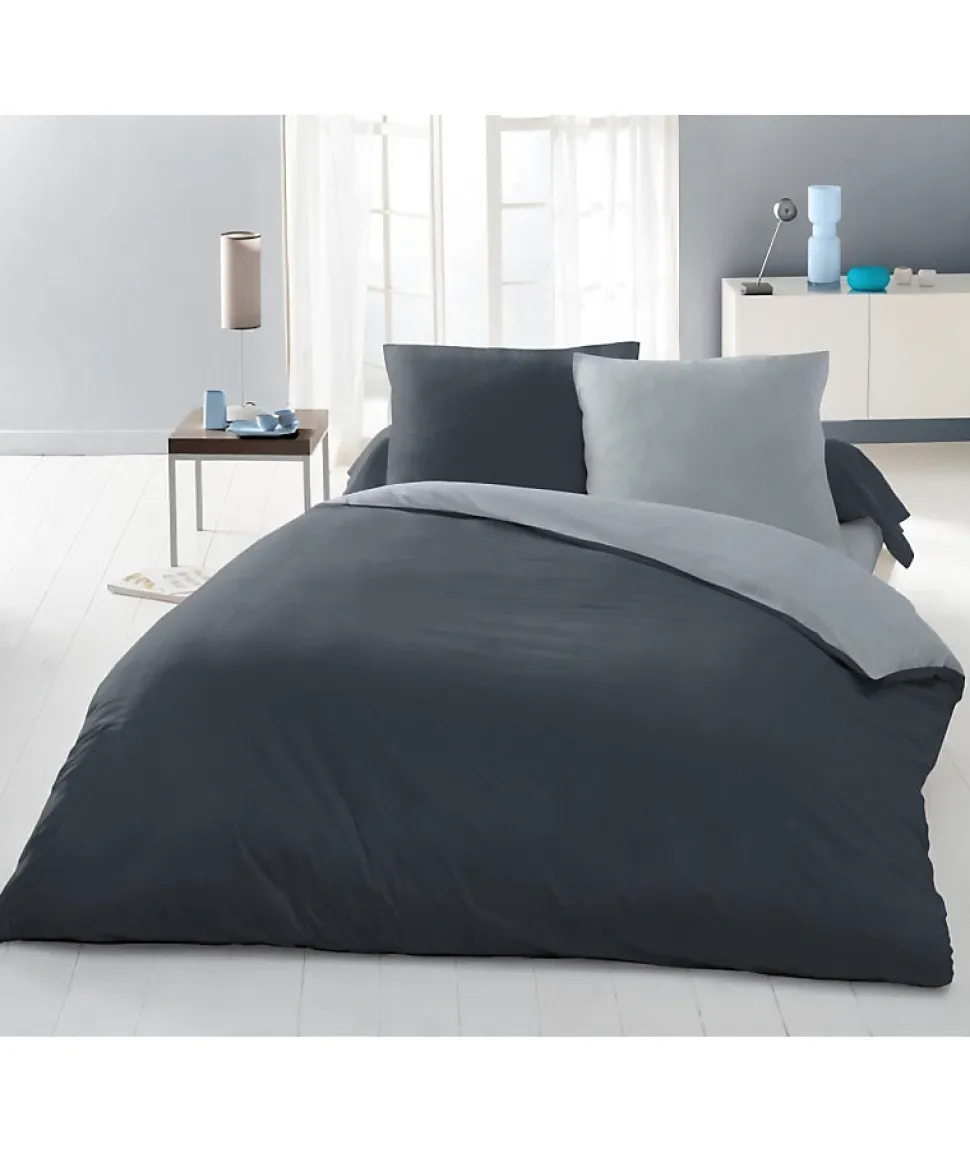 Parure housse de couette 2 personnes - 220x240 cm - 100% Coton - Bicolore Gris clair et foncé