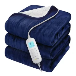 Plaid Chauffant Électrique Double En Polaire & Sherpa - Bleu Marine