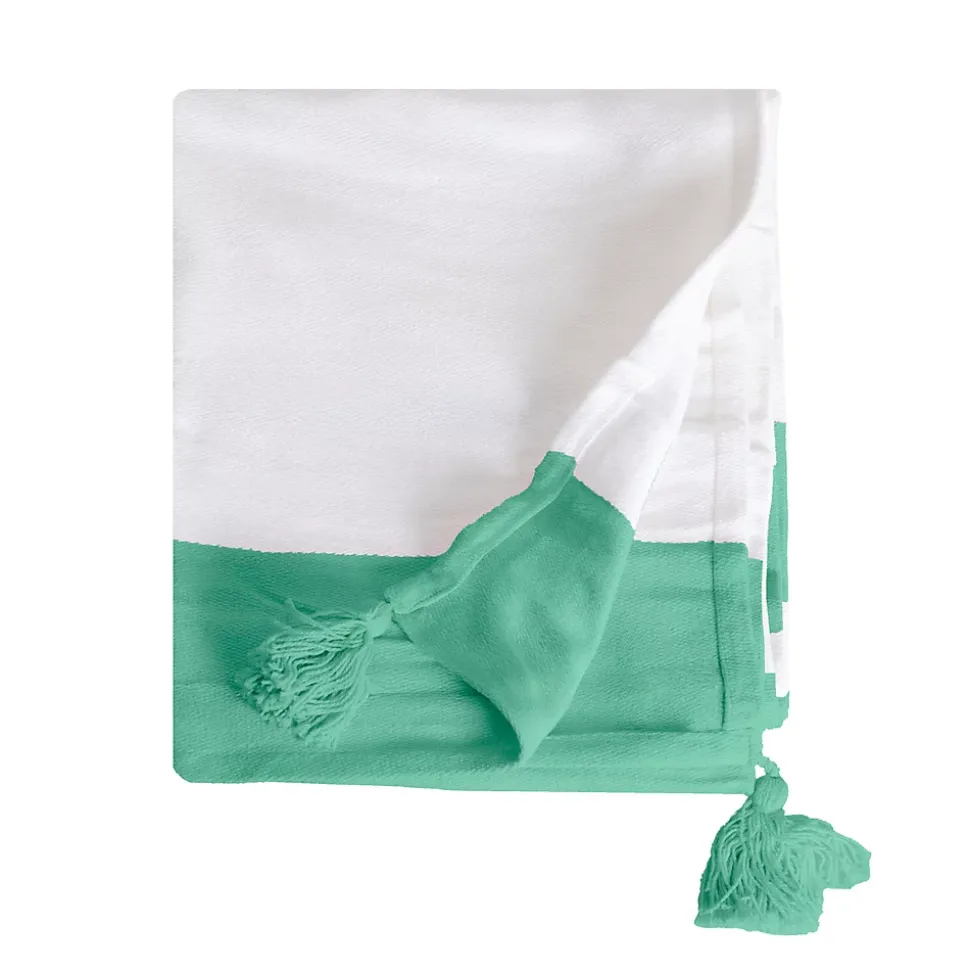 Plaid coton vert et blanc avec pompons 180x220cm SLAVIA - SACASA