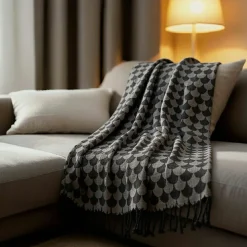 Plaid en coton Noir et gris avec franges DROPALL - SACASA