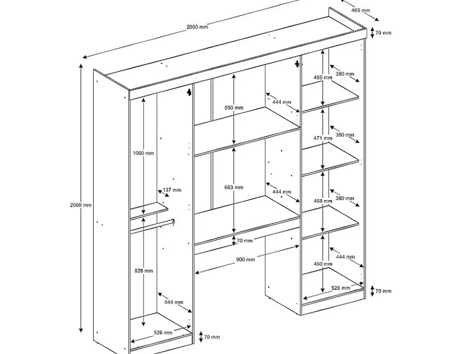 Pont de lit ANTERO - 6 portes - Avec armoires et rangements - L.200 cm - Blanc
