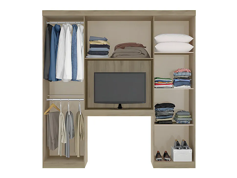 Pont de lit ANTERO II - 6 portes - Avec armoires et rangements - L.200 cm - Chêne et Ivoire