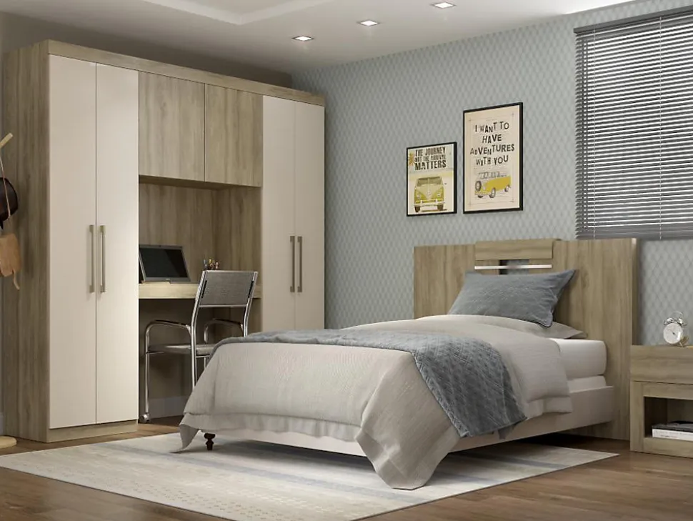 Pont de lit ANTERO II - 6 portes - Avec armoires et rangements - L.200 cm - Chêne et Ivoire