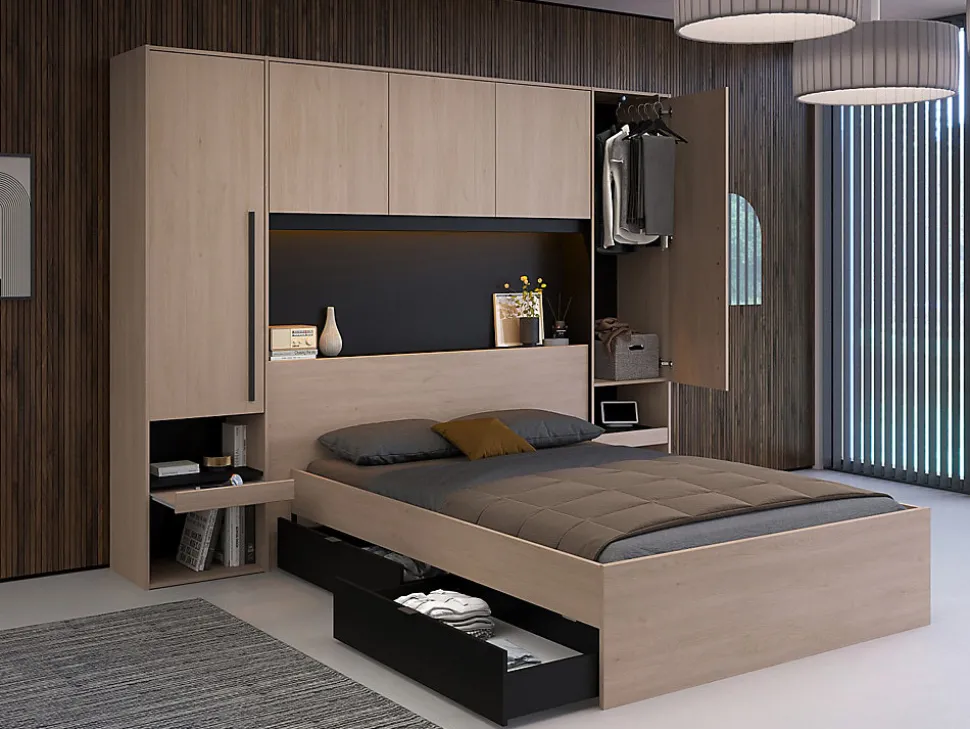 Pont de lit avec rangements - Avec LEDs - L265 cm - Coloris : Naturel et noir - VELONA