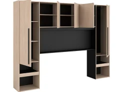 Pont de lit avec rangements - Avec LEDs - L265 cm - Coloris : Naturel et noir - VELONA
