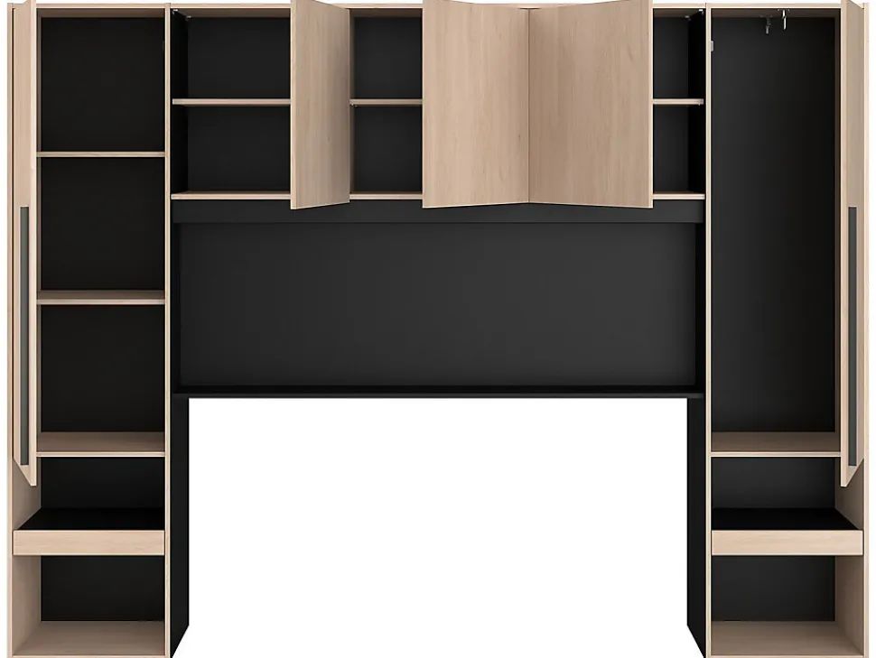 Pont de lit avec rangements - Avec LEDs - L265 cm - Coloris : Naturel et noir - VELONA