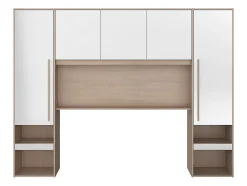 Pont de lit avec rangements - Avec LEDs - L265 cm - Coloris : Blanc brillant et naturel - VELONA