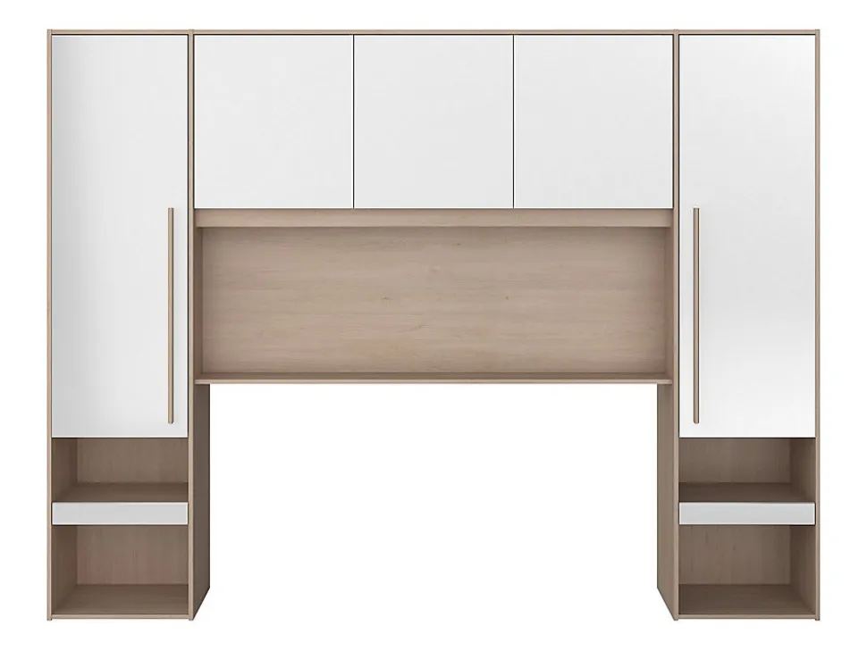 Pont de lit avec rangements - Avec LEDs - L265 cm - Coloris : Blanc brillant et naturel - VELONA