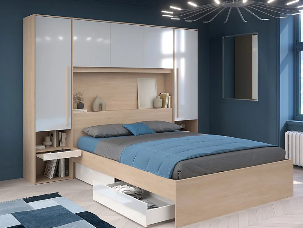 Pont de lit avec rangements - Avec LEDs - L265 cm - Coloris : Blanc brillant et naturel - VELONA