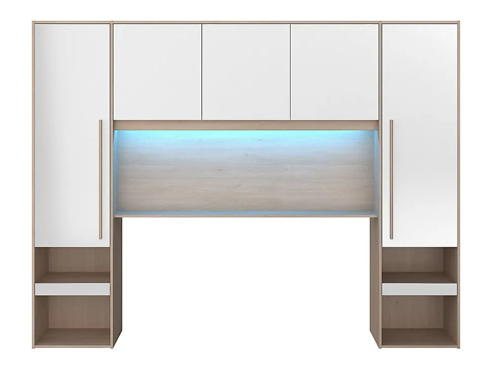 Pont de lit avec rangements - Avec LEDs - L265 cm - Coloris : Blanc brillant et naturel - VELONA