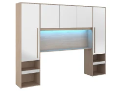 Pont de lit avec rangements - Avec LEDs - L265 cm - Coloris : Blanc brillant et naturel - VELONA