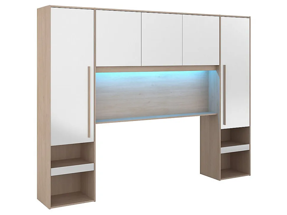 Pont de lit avec rangements - Avec LEDs - L265 cm - Coloris : Blanc brillant et naturel - VELONA