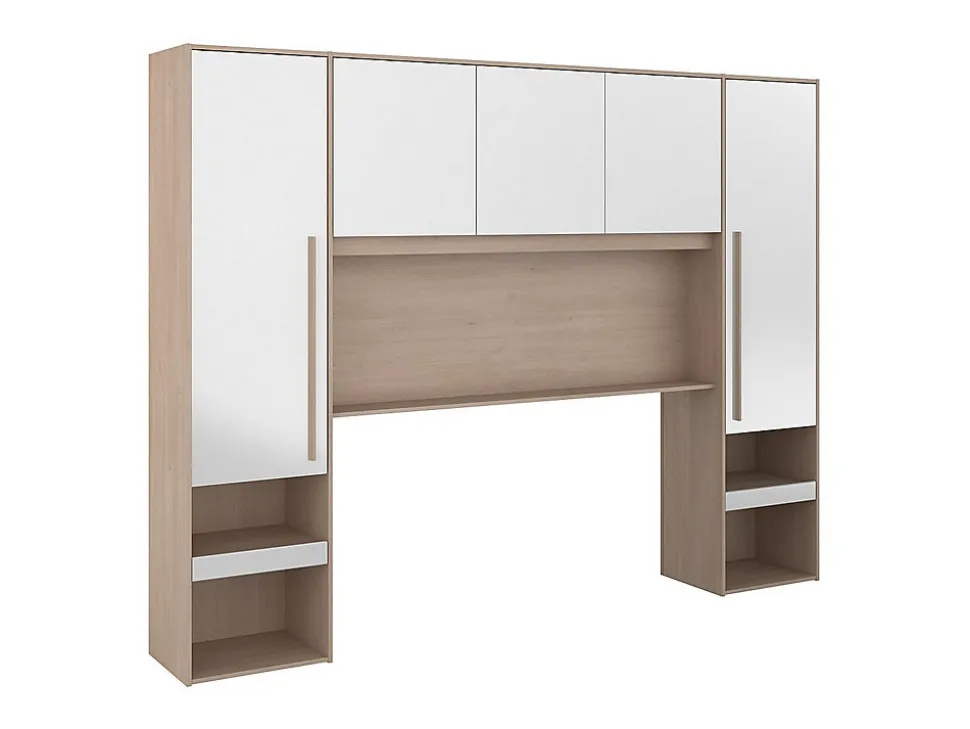 Pont de lit avec rangements - Avec LEDs - L265 cm - Coloris : Blanc brillant et naturel - VELONA