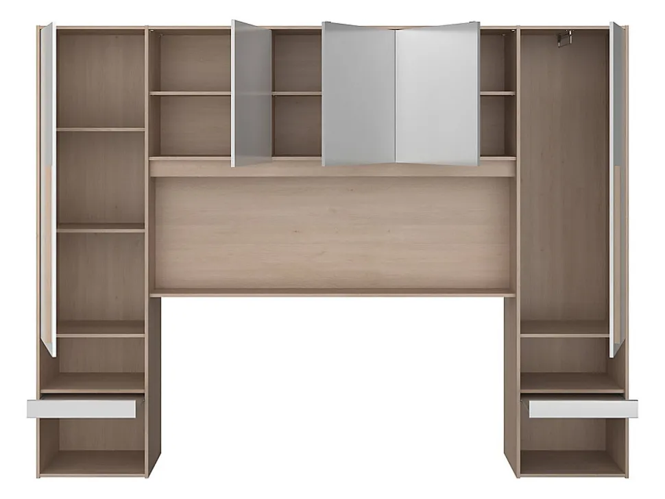 Pont de lit avec rangements - Avec LEDs - L265 cm - Coloris : Blanc brillant et naturel - VELONA