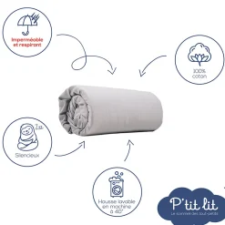 Protège Matelas Bébé 2 en 1 - Alèse + Drap Housse - 100% Coton - Imperméable et Respirant - Silencieux - Oeko Tex - Gris