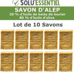 Solu Essentiel - Savon d Alep - 20% huile de baies de laurier - 80% huile d olive - Savon de 200g - lot de 10