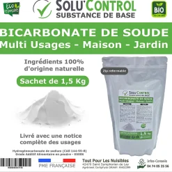 SOLU'CONTROL - 1,5 Kg de Bicarbonate de Soude Multi Usages, Maison et Jardin, 100% Naturel, Sachet Zip refermable