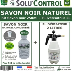 SOLU'CONTROL - Kit complet Savon Noir Naturel Concentré UAB 250 ml + Pulvérisateur de 2 L - Nettoyant Feuilles et Enlève Miellat