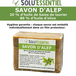 SoluEssentiel - Savon Alep 20% huile de baies de laurier 80% huile d'olive - Fabrication traditionnelle syrienne - Naturel