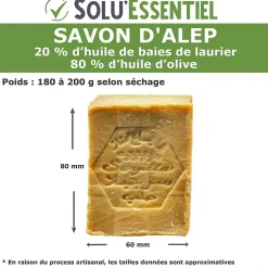 SoluEssentiel - Savon Alep 20% huile de baies de laurier 80% huile d'olive - Fabrication traditionnelle syrienne - Naturel