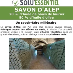 SoluEssentiel - Savon Alep 20% huile de baies de laurier 80% huile d'olive - Fabrication traditionnelle syrienne - Naturel