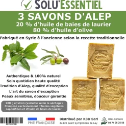 SoluEssentiel - Savon Alep huile de baies de laurier - huile dolive - Fabrication traditionnelle syrienne -savon de 200g- lot de 3