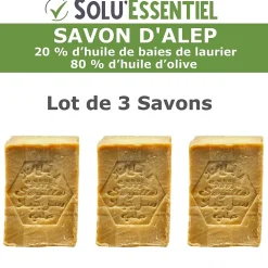 SoluEssentiel - Savon Alep huile de baies de laurier - huile dolive - Fabrication traditionnelle syrienne -savon de 200g- lot de 3