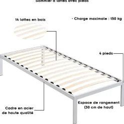Sommier à Lattes Avec Pieds En Acier Robuste 90x200 Cm Blanc