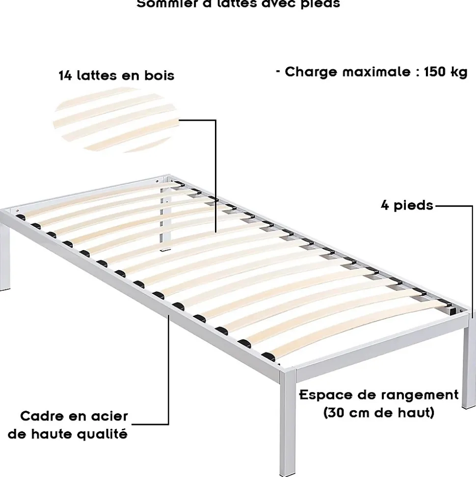 Sommier à Lattes Avec Pieds En Acier Robuste 90x200 Cm Blanc
